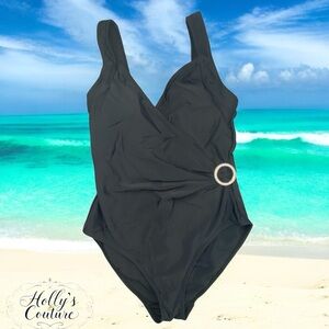 Spiegel black wrap style 1 piece swim bathing suit w/rhinestone detail wms sz 12